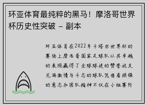 环亚体育最纯粹的黑马！摩洛哥世界杯历史性突破 - 副本